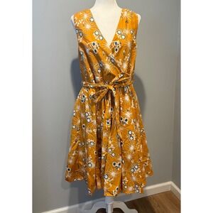 NWT ModCloth Sleeveless Wrap Midi Dress Golden Yellow Sunburst Retro Size 14